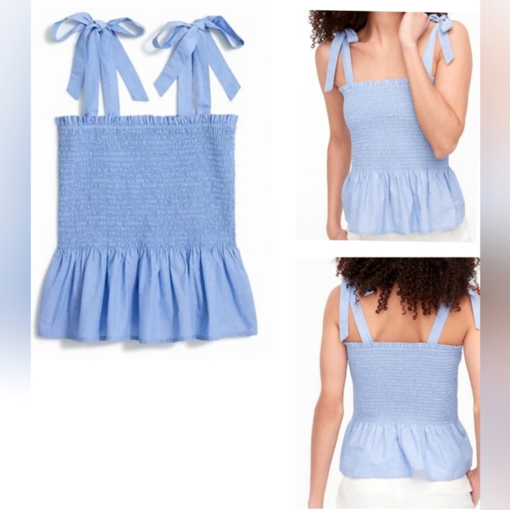 Nwt J. Crew Smocked Tie-Shoulder Tank Top Light Blue Cotton Poplin Plus Size - Picture 9 of 10